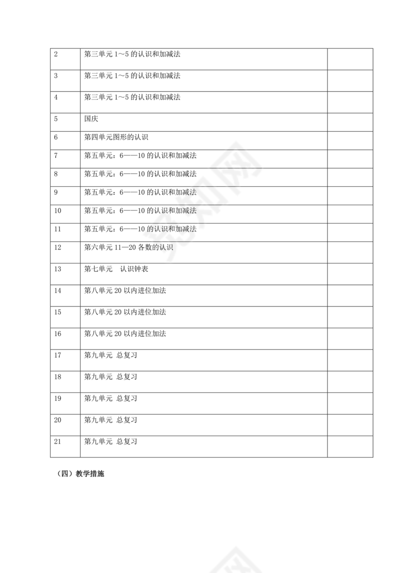 人教版数学一年级上册教学计划
