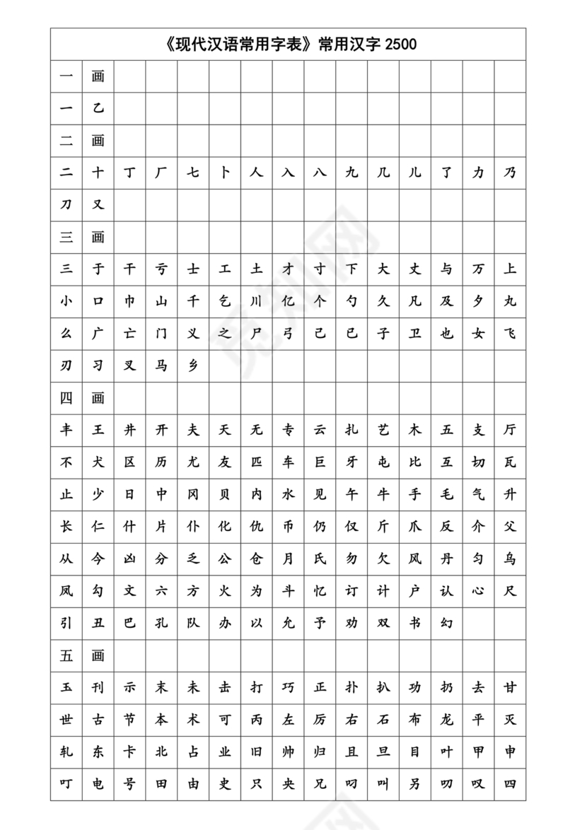 儿童识字测试表