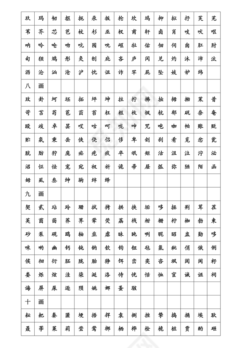 儿童识字测试表