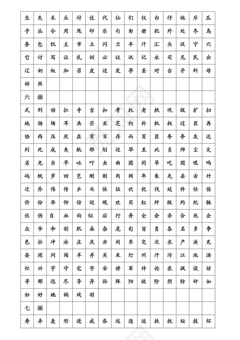 儿童识字测试表