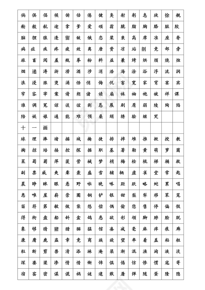 儿童识字测试表