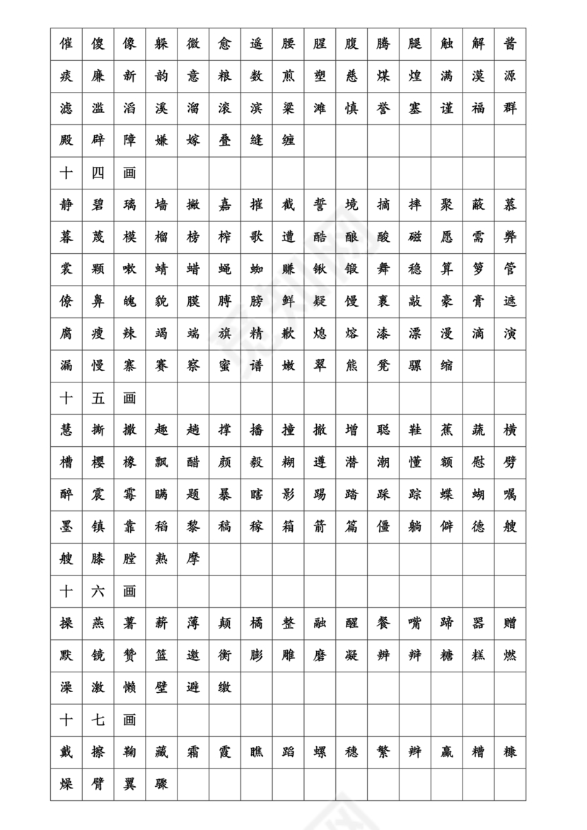 儿童识字测试表