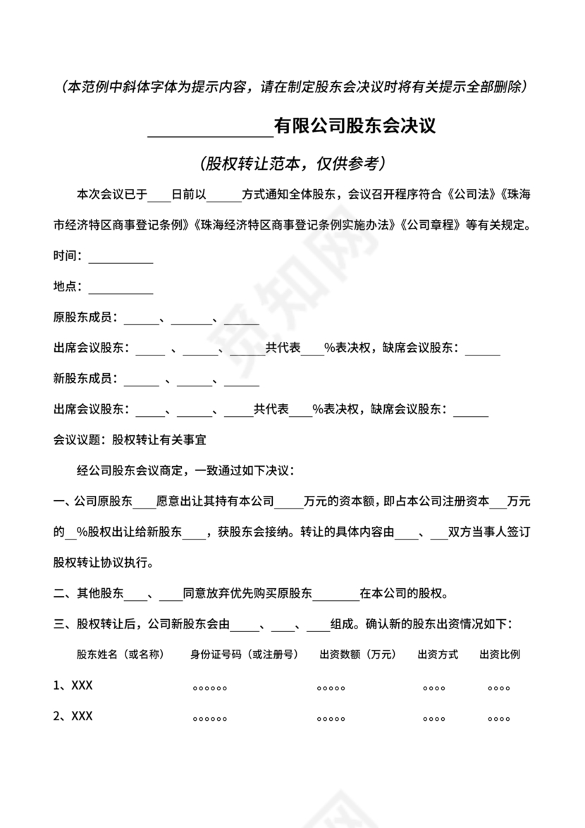 股权转让股东会议决议范本