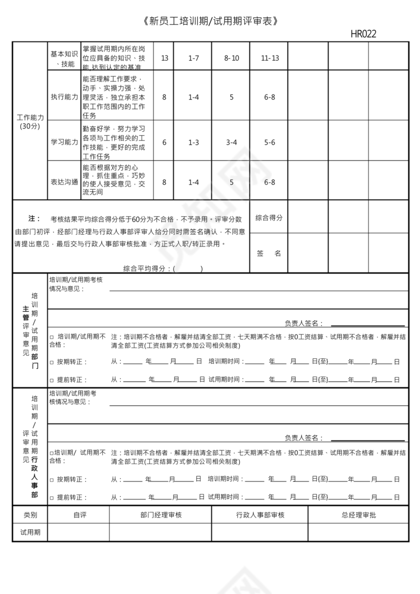 试用期考核表