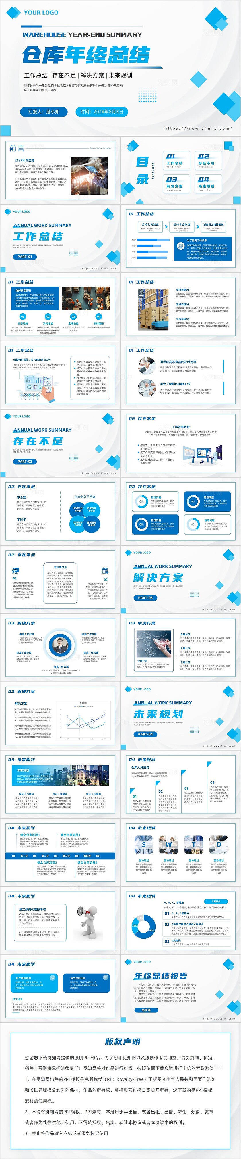 蓝色商务风简约仓库年终总结工作总结汇报PPT通用模版2025年终总结
