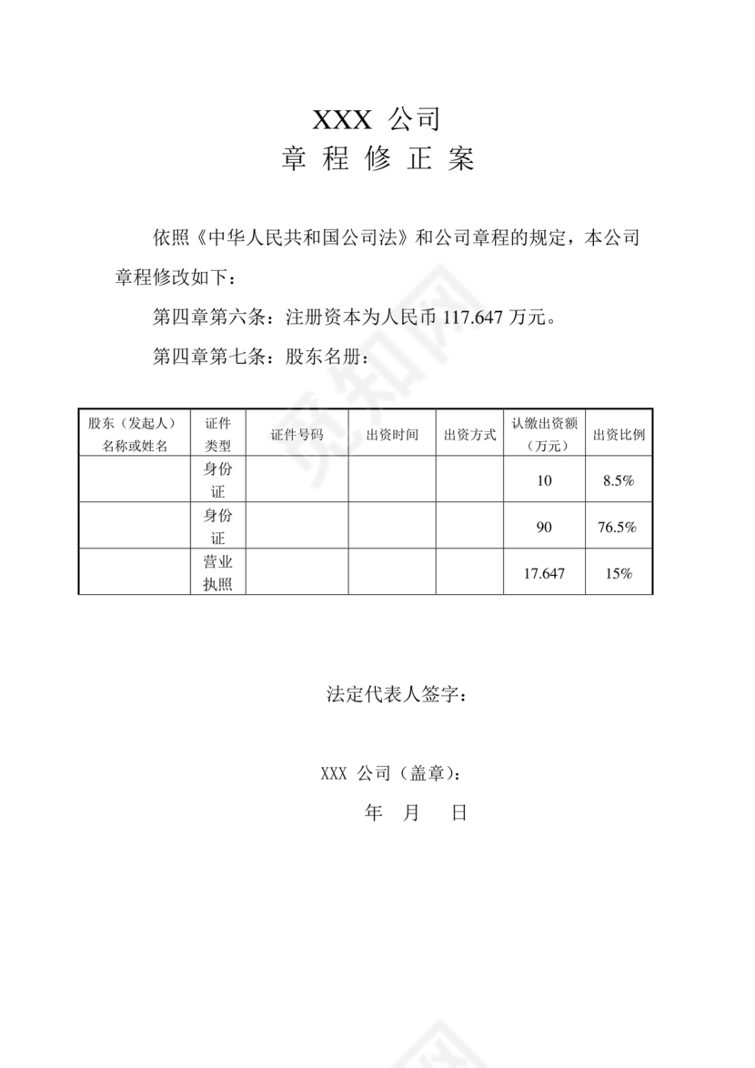 公司章程修正案模板