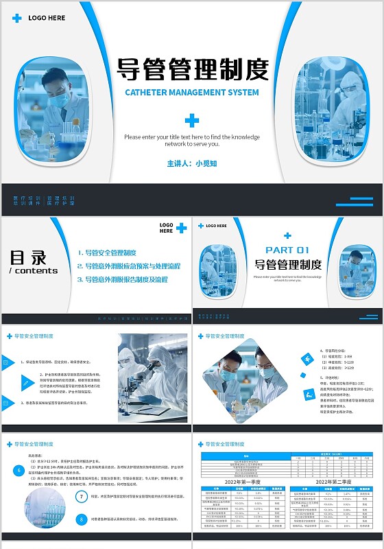 蓝色简约风导管管理制度培训课件内容型PPT模板安全管理（护理）