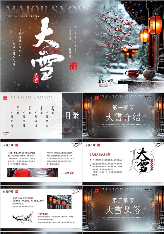 棕色实拍风大雪节气介绍PPT模板