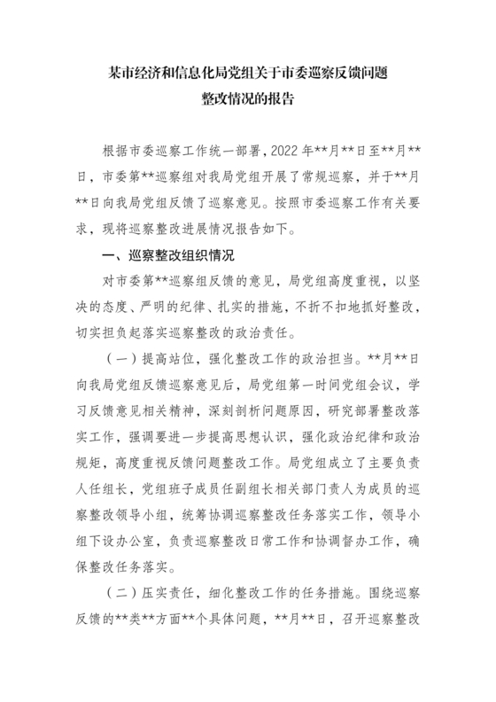 巡察组关于巡察反馈问题整改情况报告