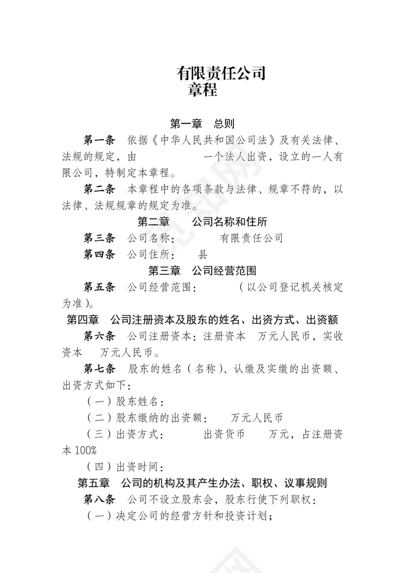 一人有限公司章程