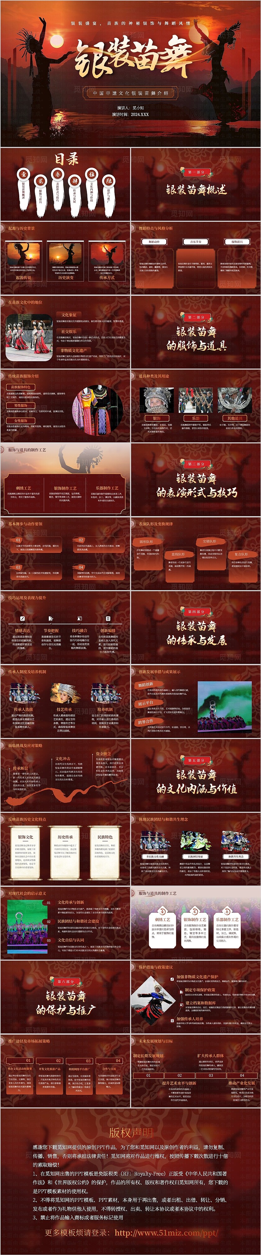 红棕色中国风古风银装苗舞课件PPT模版非遗