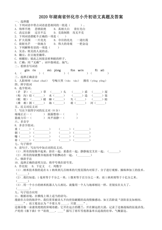 怀化金时中学小升初考试试题
