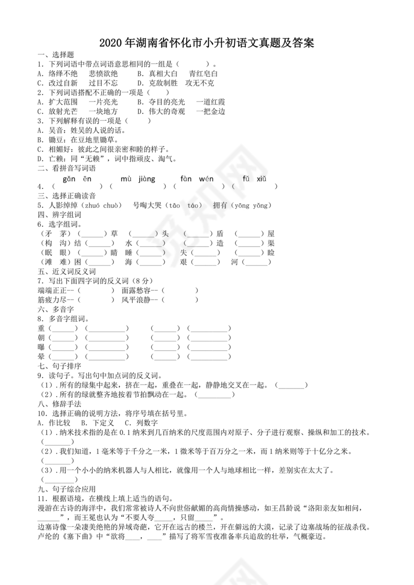怀化金时中学小升初考试试题