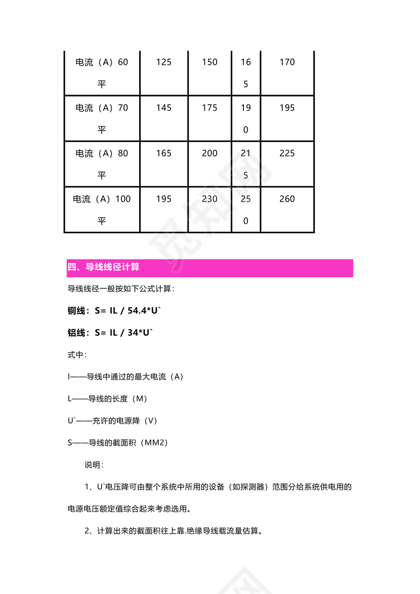电缆载流量对照表