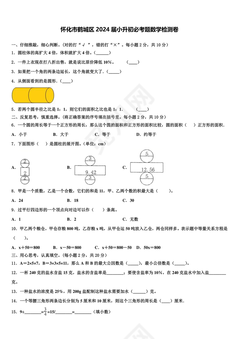 怀化金时中学小升初考试试题