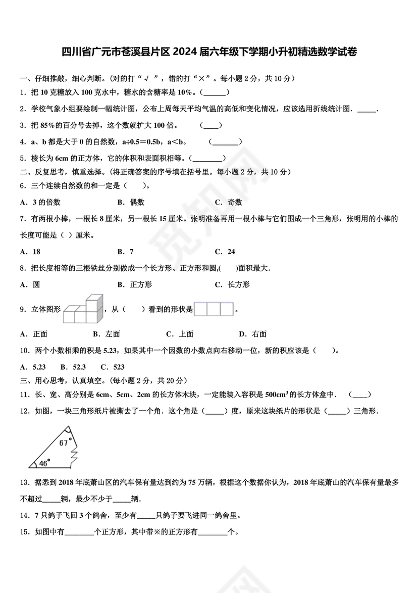 苍溪小升初数学试卷
