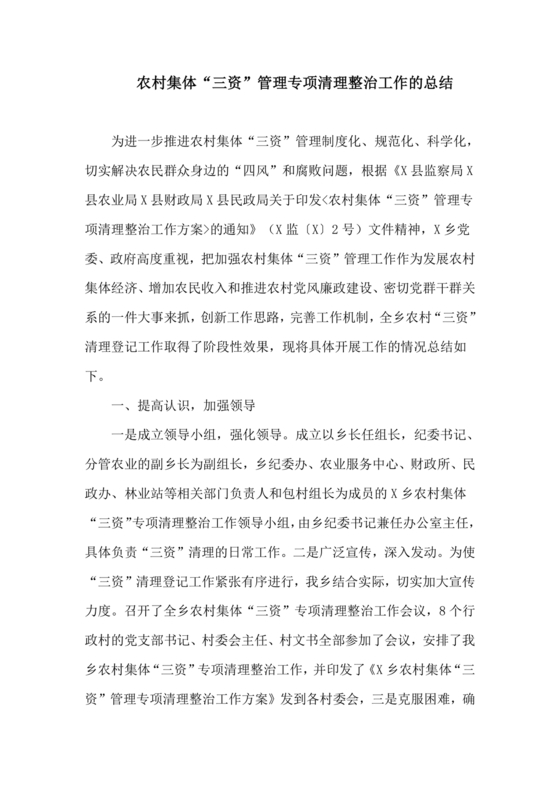 农村集体三资管理问题专项整治工作总结