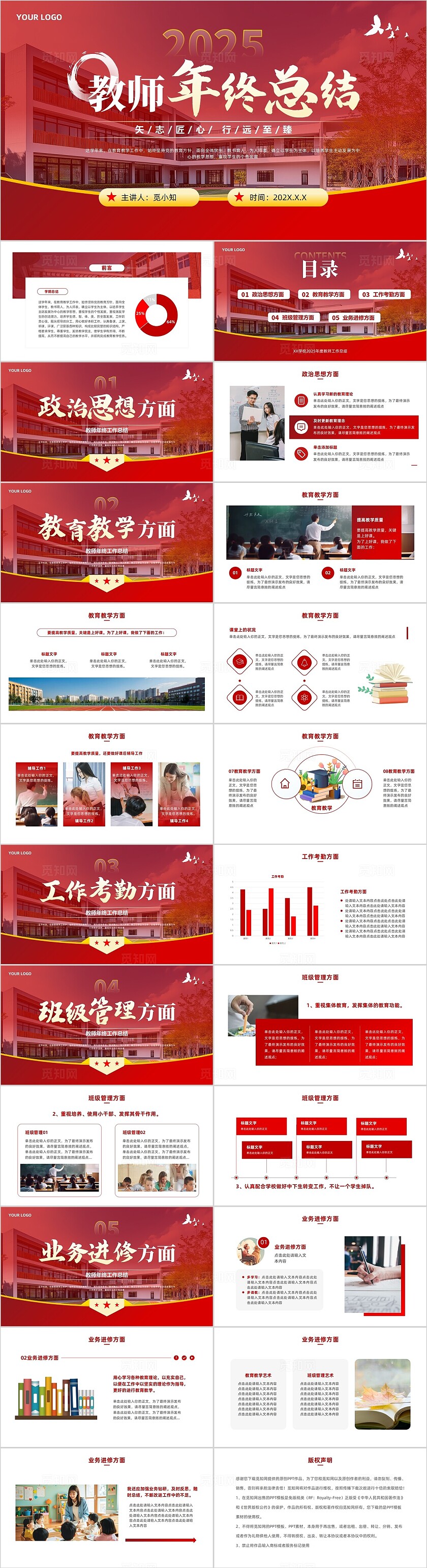 红色商务2025年中小学教师年终总结导师学校总结汇报PPT通用模板2025年终总结
