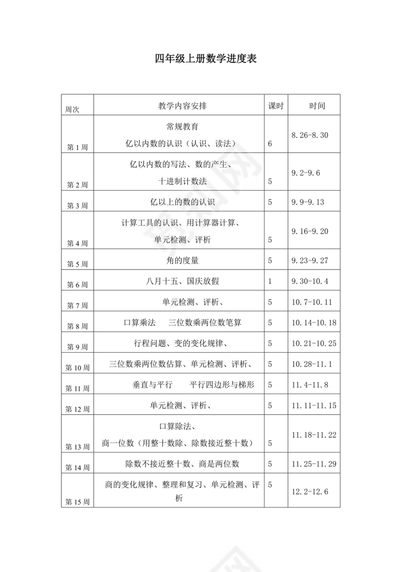 人教版四年级数学上册教学计划及进度表
