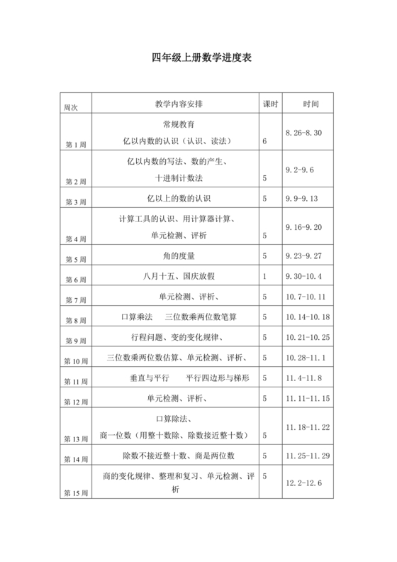 人教版四年级数学上册教学计划及进度表