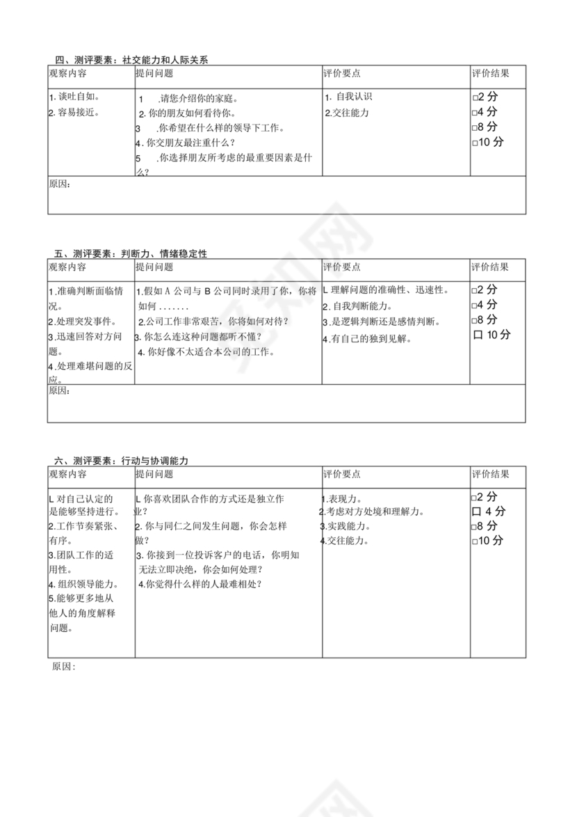 面试评分表