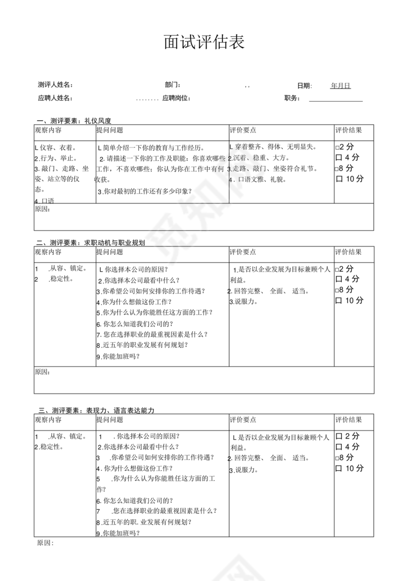 面试评分表