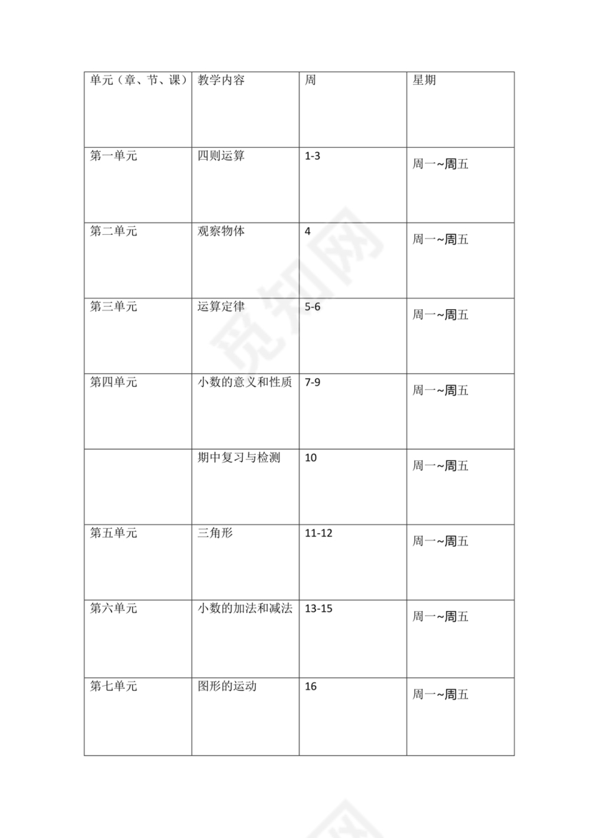 四年级数学上册教学计划人教版