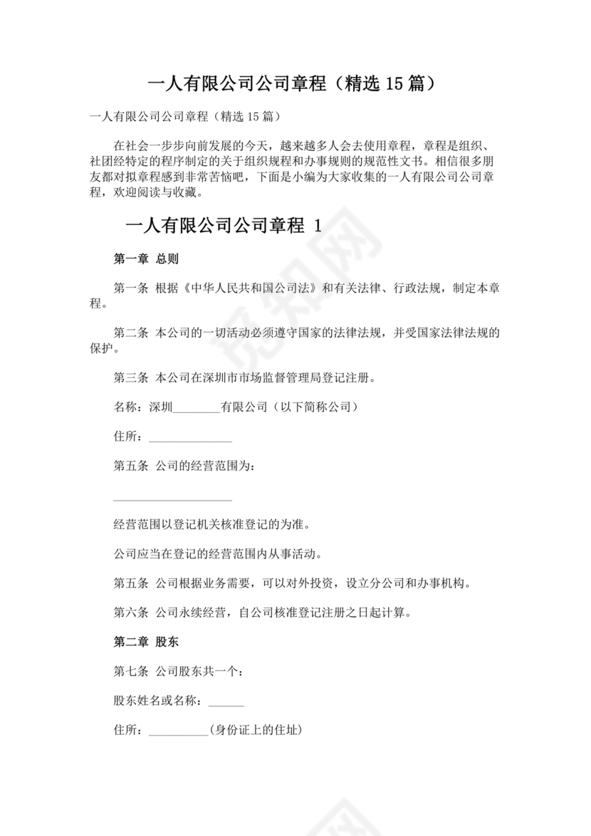 一人有限公司章程