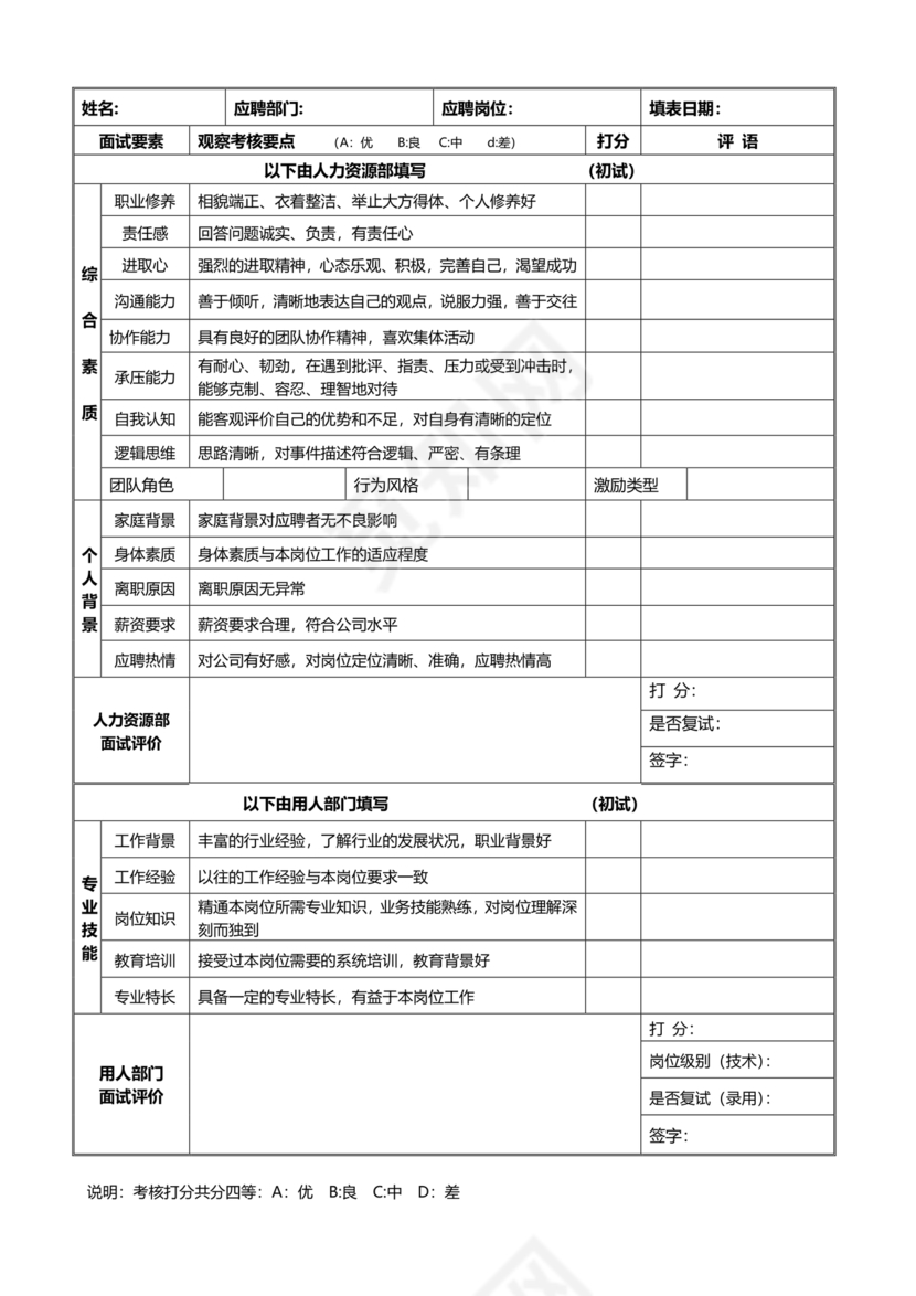 面试评价表