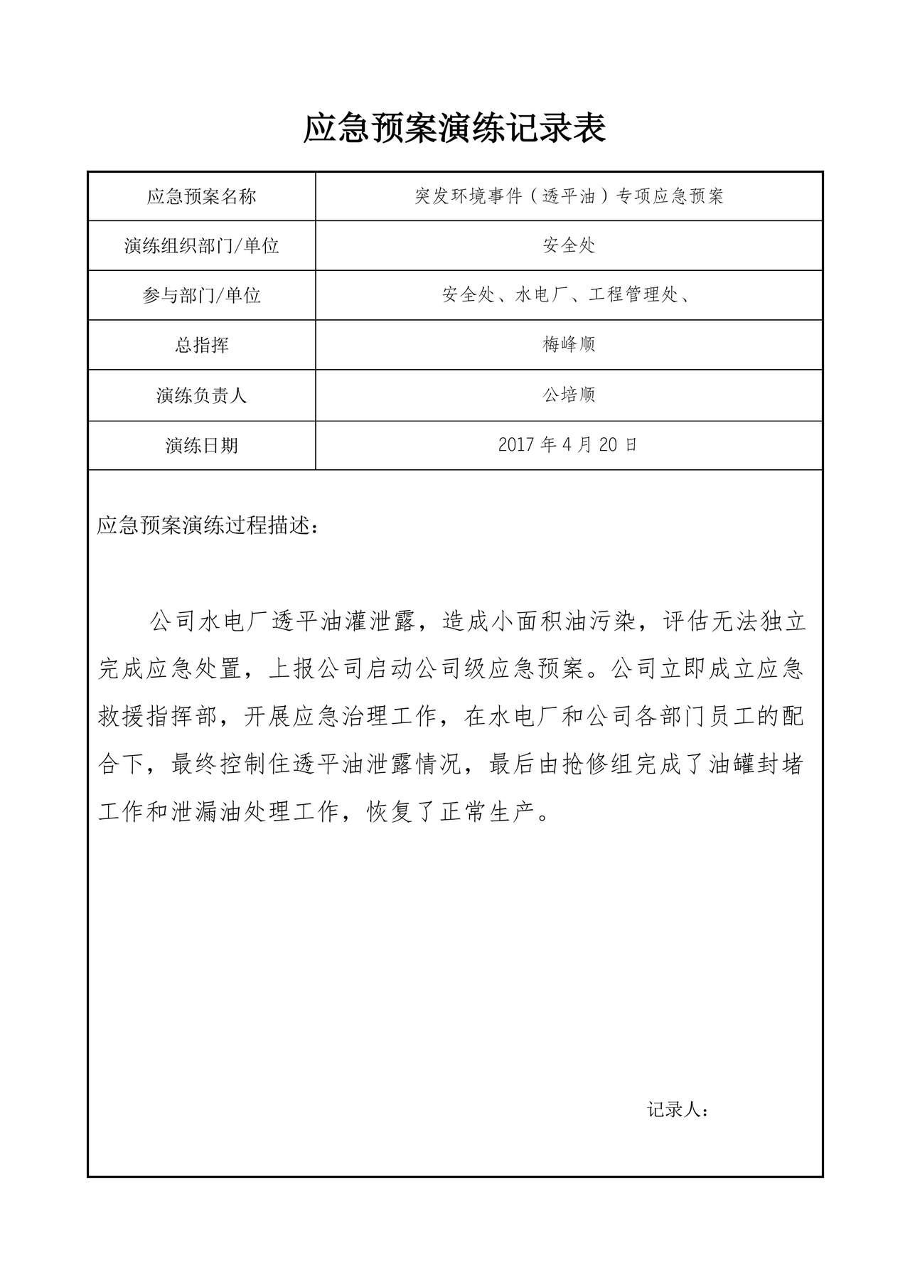 应急预案演练记录表模板