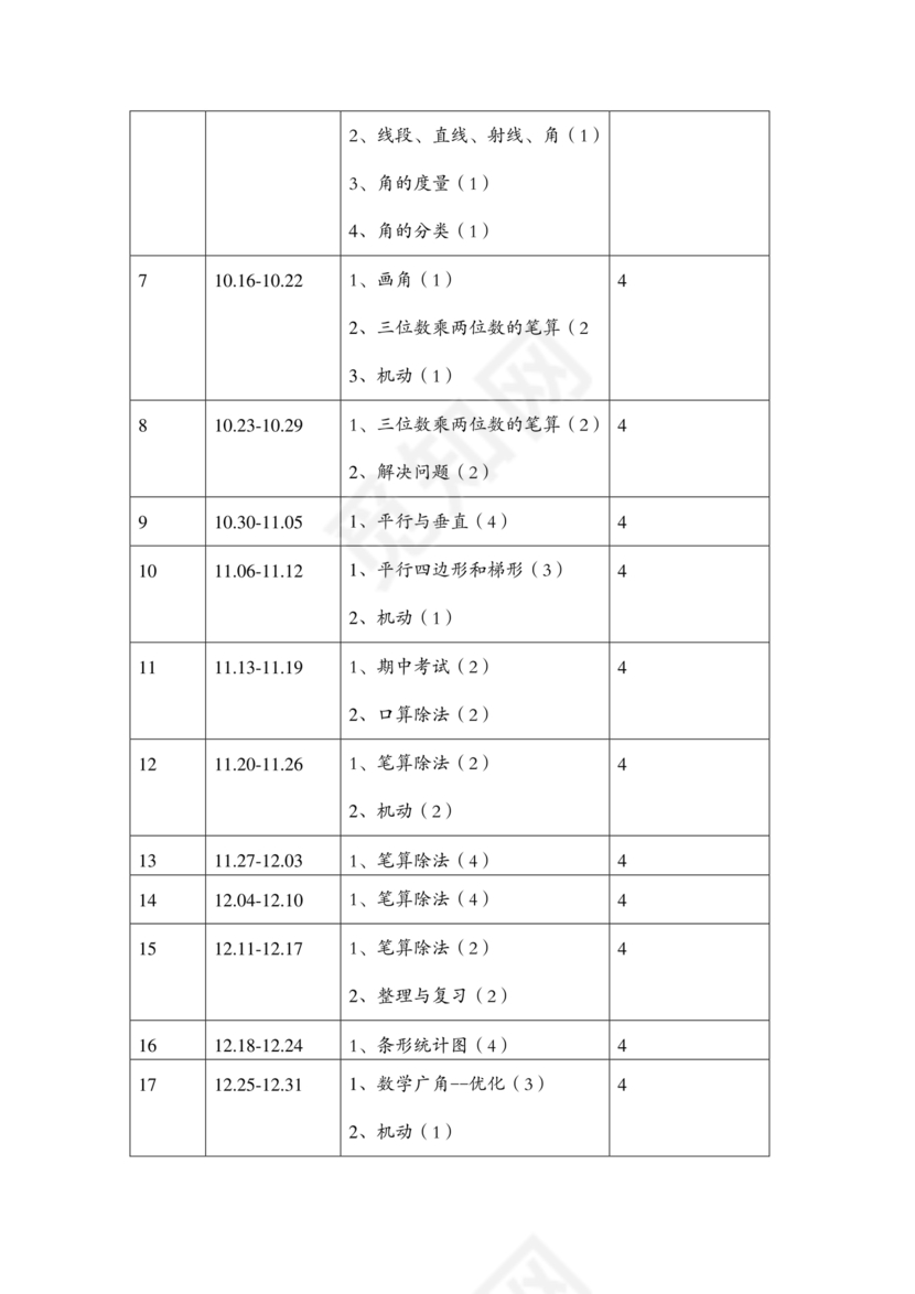 四年级数学上册教学计划人教版