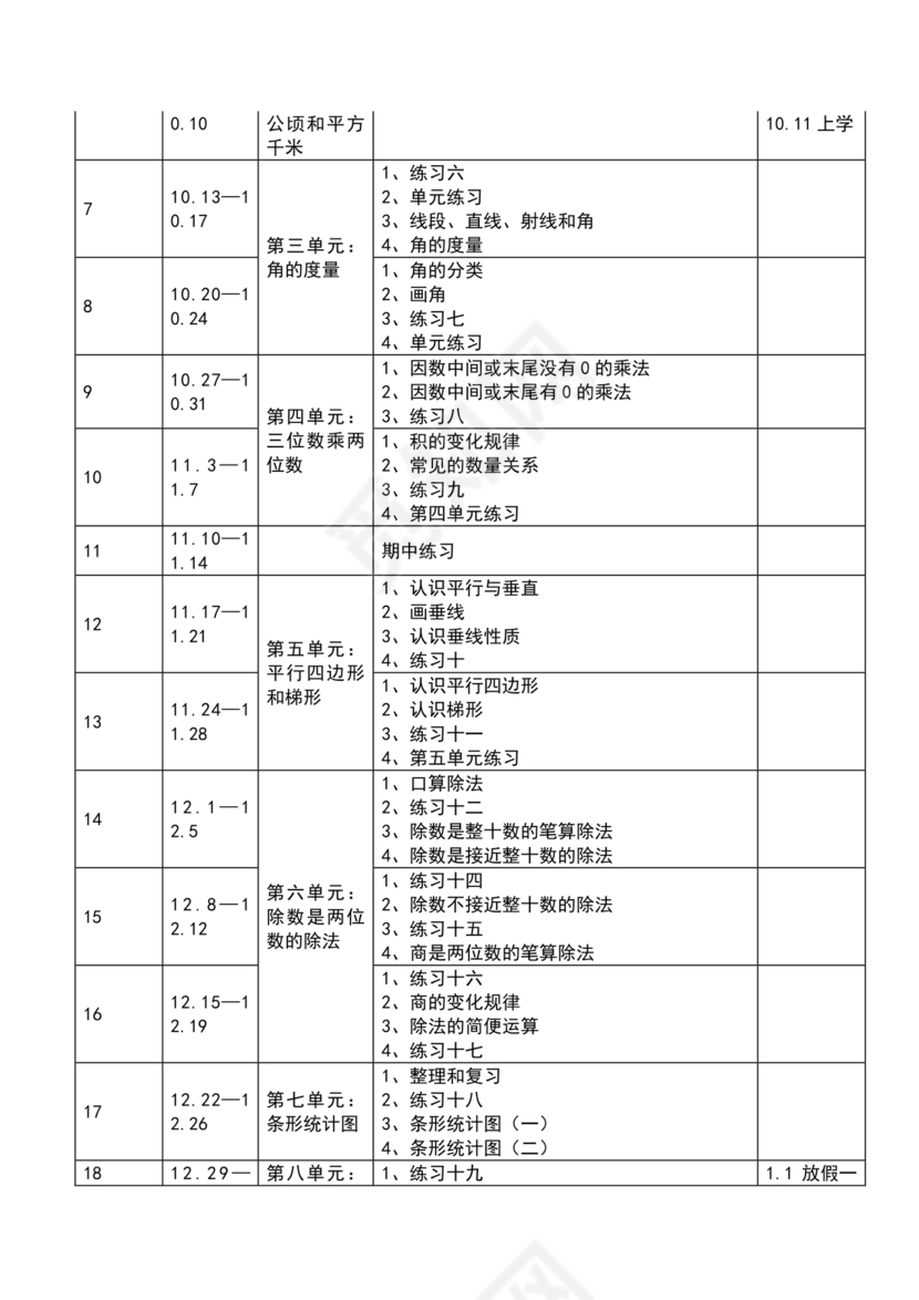 四年级数学上册教学计划人教版