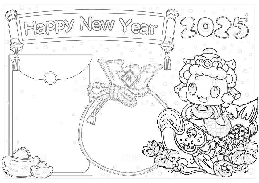 红色卡通手绘2025蛇年大吉新年快乐HappyNewYear英语小报手抄报