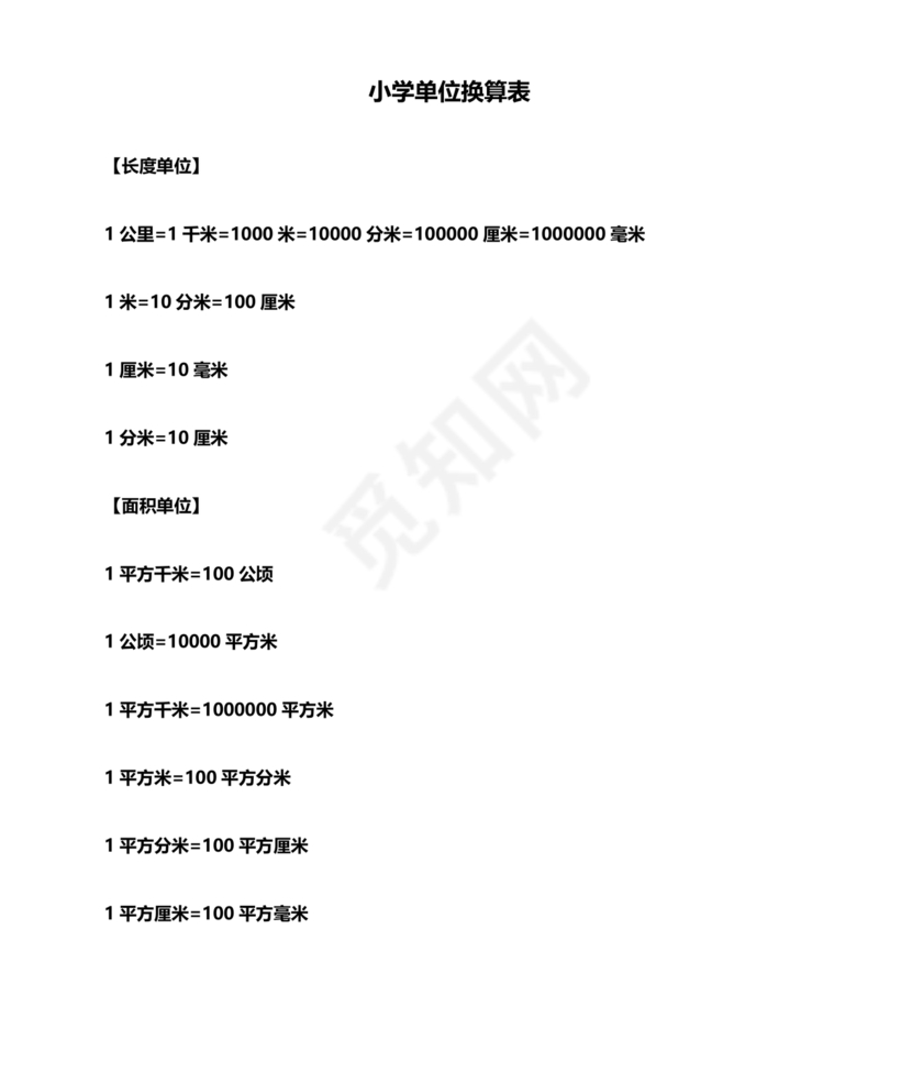 小学四年级数学单位换算公式