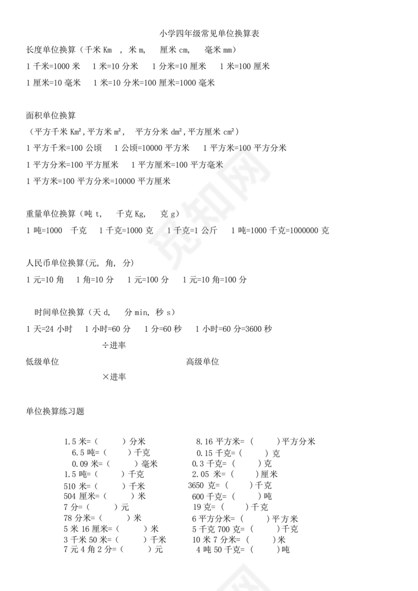 小学四年级数学单位换算公式
