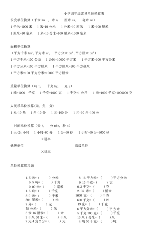 小学四年级数学单位换算公式