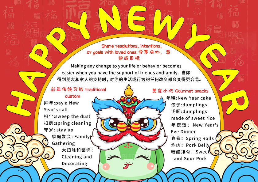红色卡通手绘2025蛇年元旦HappyNewYear新年快乐英语小报手抄报