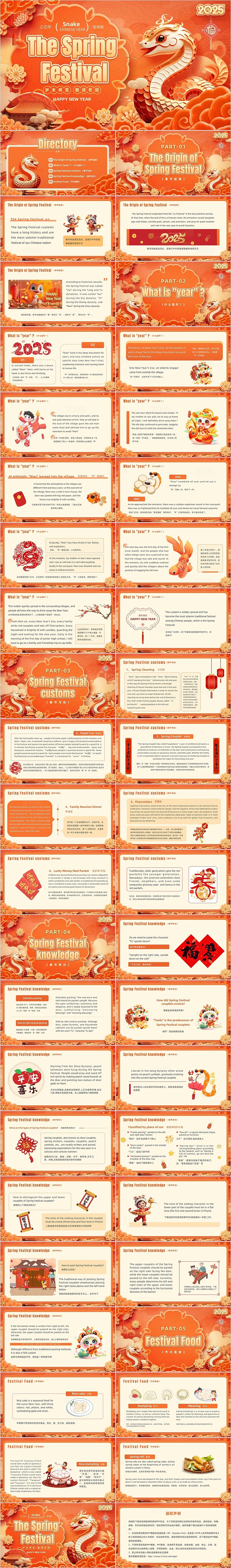 红色剪纸插画风喜庆2025新年蛇年英文介绍过年习俗春节PPT模版