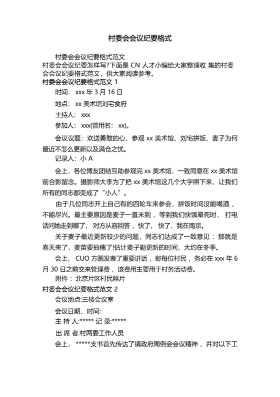 村委会议纪要范文及格式