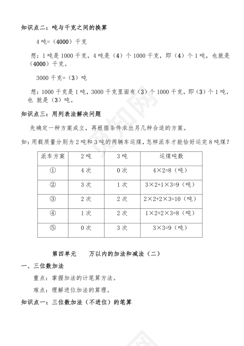 人教版三年级数学知识点