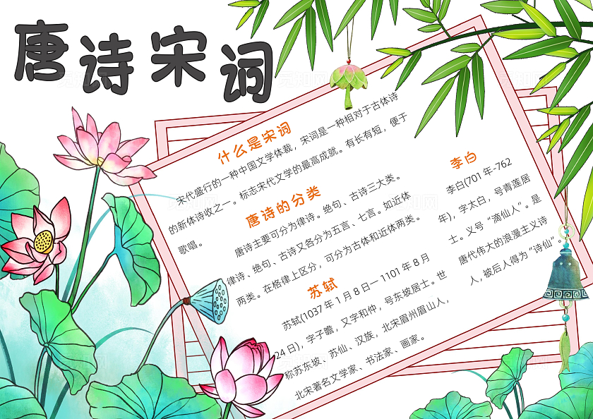 绿色古风唐诗宋词小报手抄报春节手抄报中国传统文化