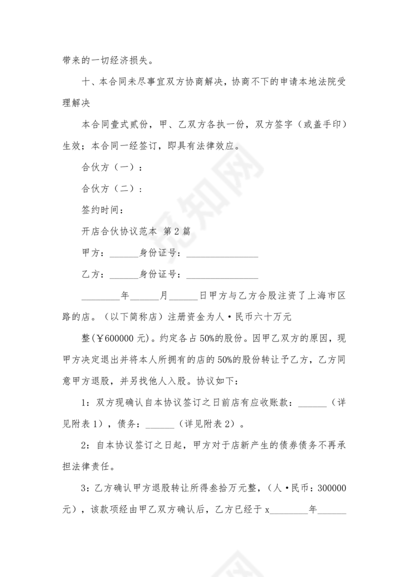 投资合伙开店协议