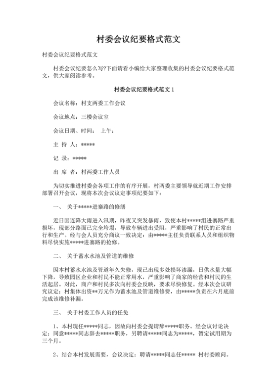 村委会议纪要范文及格式