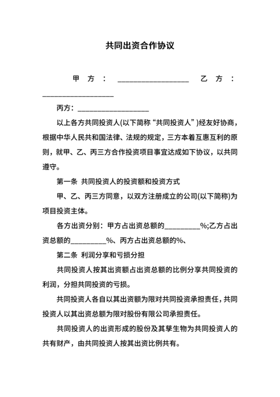 共同出资合伙经营协议书