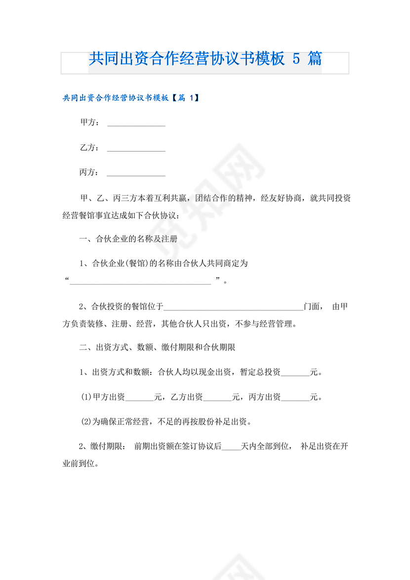 共同出资合伙经营协议书