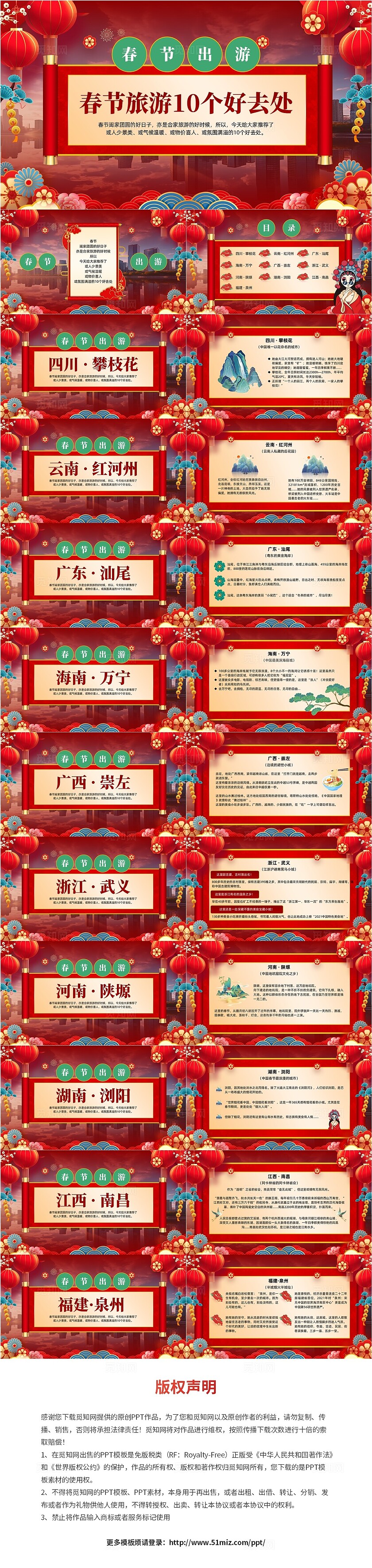 红色国潮风春节旅游推荐城市PPT新年旅游春节出游