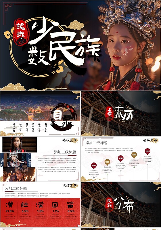 黑色金色民族风国风介绍中国少数民族课件培训PPT模板民族介绍少数民族