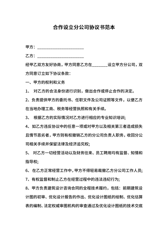 设立分公司合作协议书
