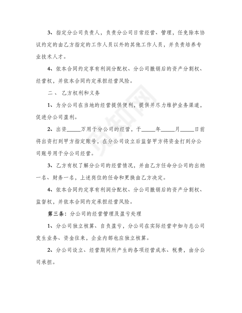 设立分公司合作协议书