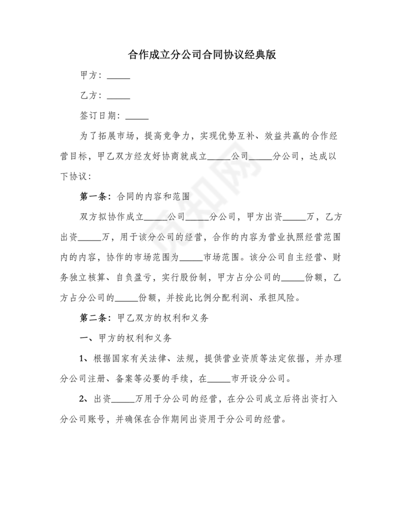 设立分公司合作协议书
